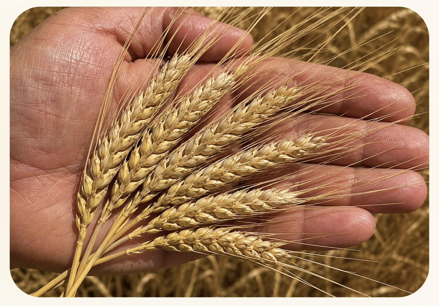 An open hand holding several heads of golden Australian wheat.